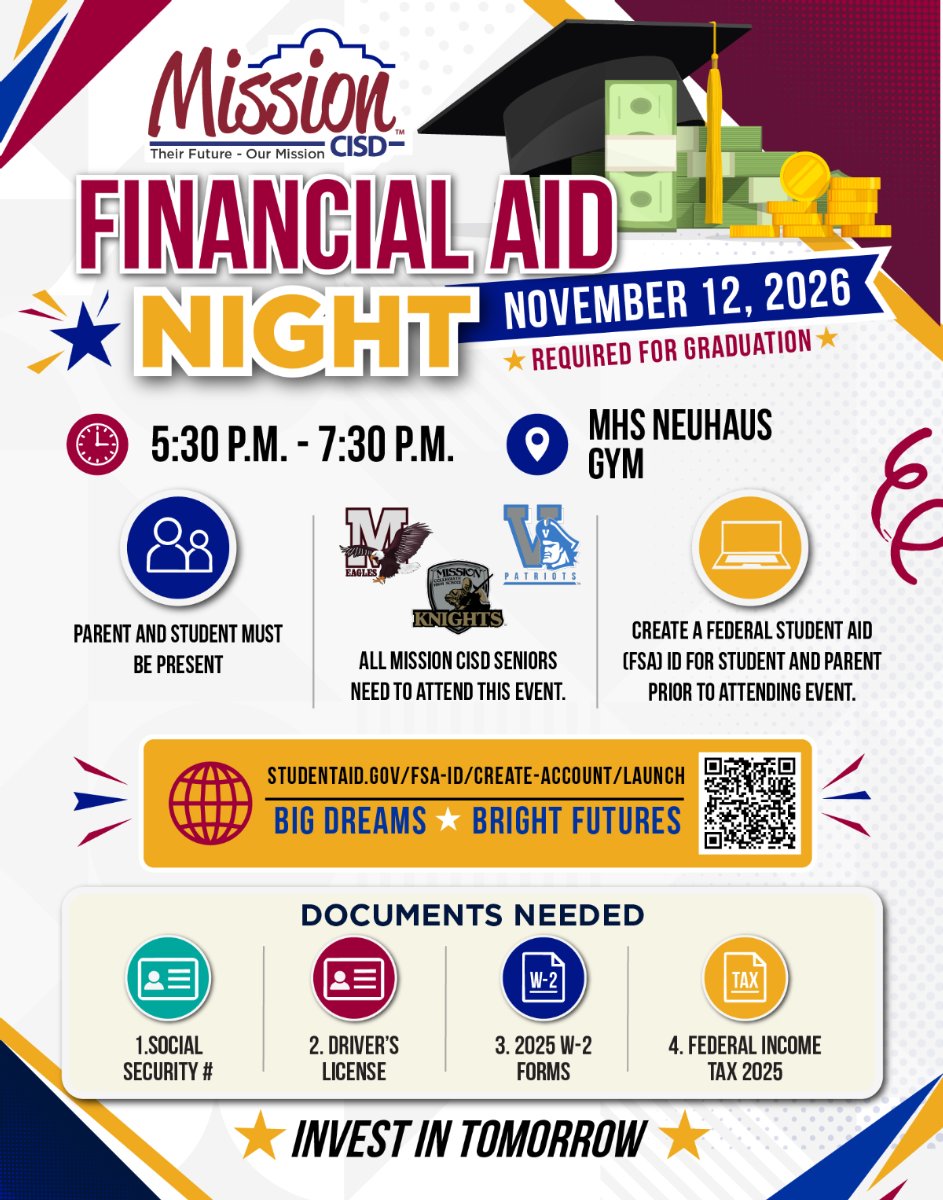 Mission CISD Financial Aid Night event flyer for November 12, 2026. Required details and needed documents are listed below.